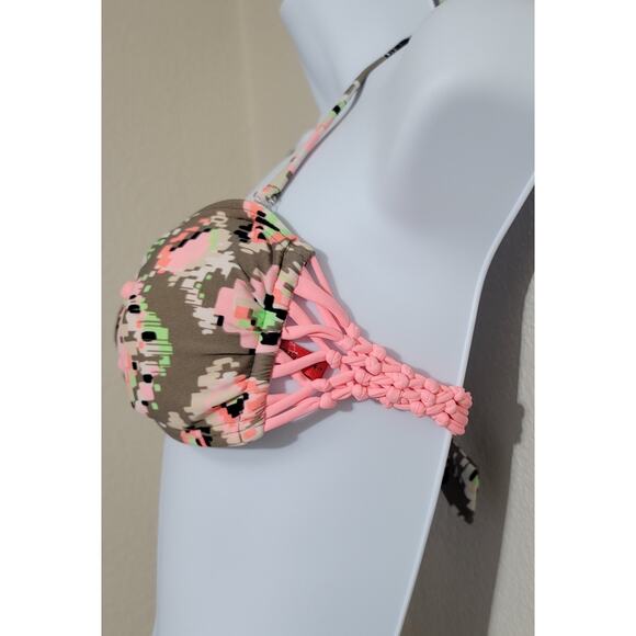 Gossip Tan Orange Geo Print Bandeau Bikini Top Small Padded Braided Sides - Picture 2 of 6